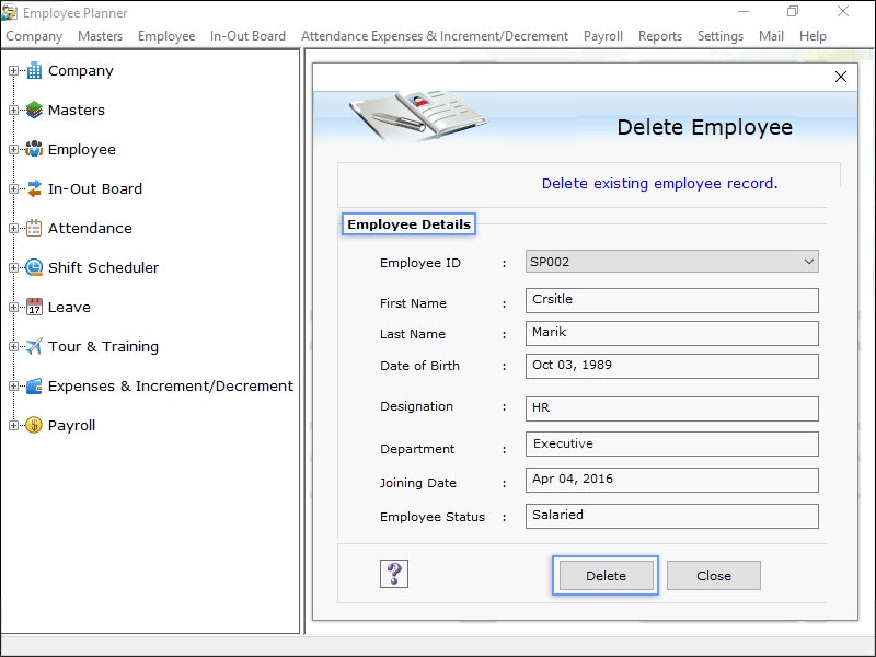 Screenshot of Employee Planner Software