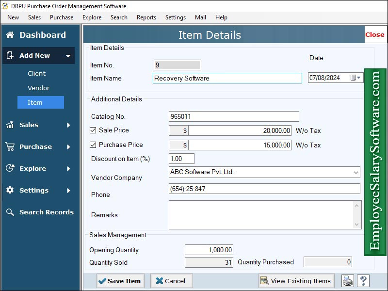 Screenshot of Purchase Order